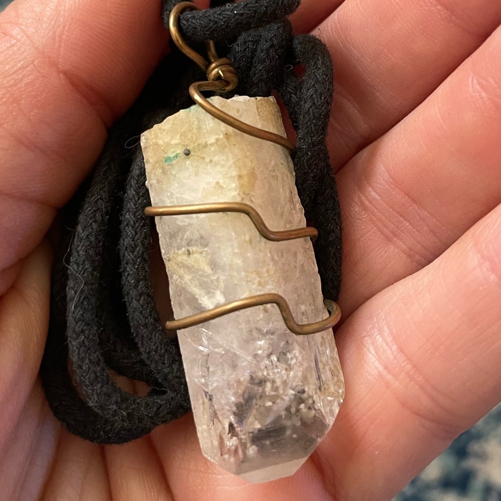 Danburite Crystal with Pyrite Inclusion in wire wrap on canvas cord - Picture 3 of 3